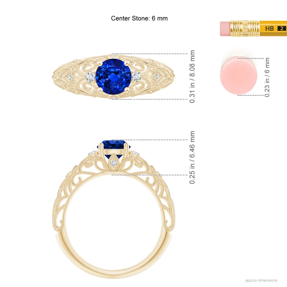 6mm AAAA Aeon Vintage Style Solitaire Sapphire Filigree Engagement Ring in Yellow Gold ruler