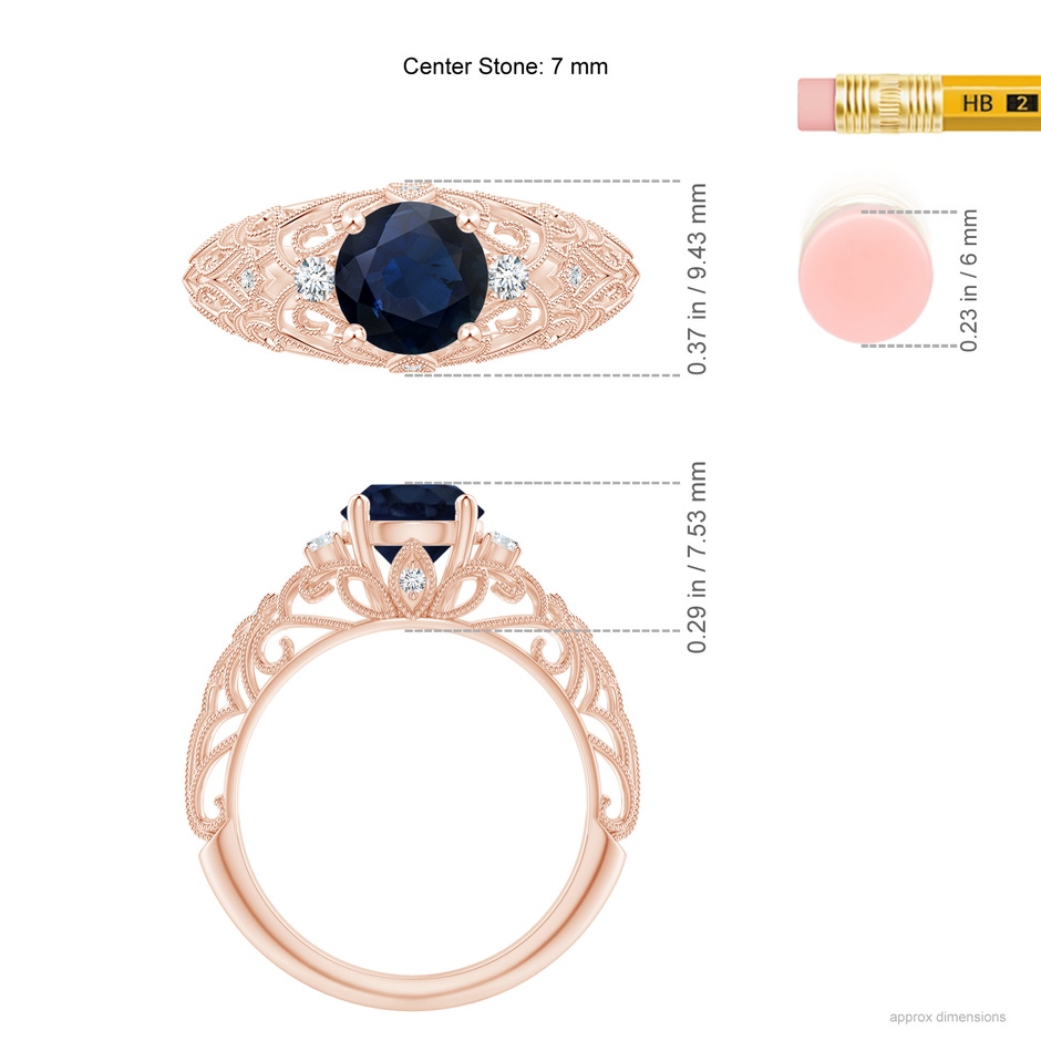 7mm A Aeon Vintage Style Solitaire Sapphire Filigree Engagement Ring in 18K Rose Gold ruler