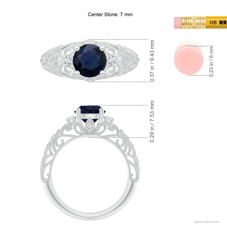 7mm A Aeon Vintage Style Solitaire Sapphire Filigree Engagement Ring in White Gold ruler