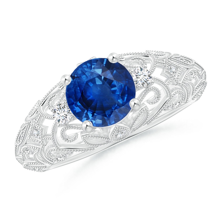 7mm AAA Aeon Vintage Style Solitaire Sapphire Filigree Engagement Ring in White Gold 