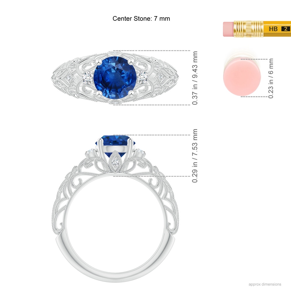 7mm AAA Aeon Vintage Style Solitaire Sapphire Filigree Engagement Ring in White Gold ruler