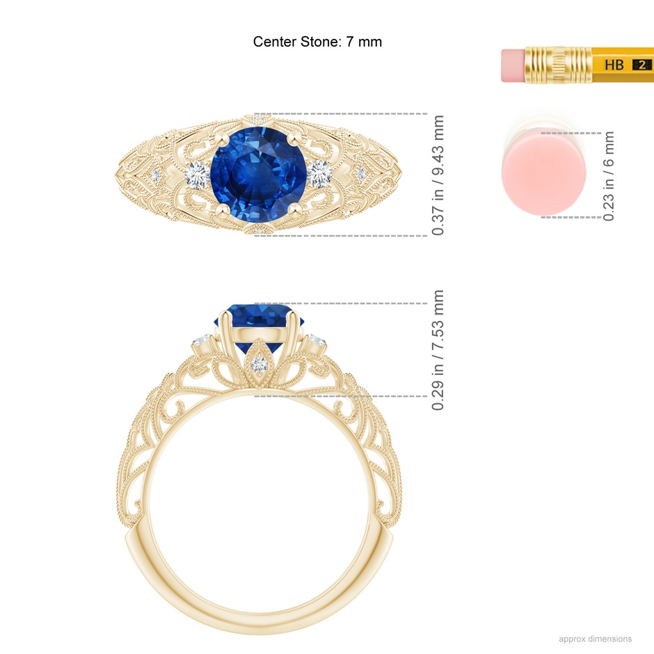 7mm AAA Aeon Vintage Style Solitaire Sapphire Filigree Engagement Ring in Yellow Gold ruler