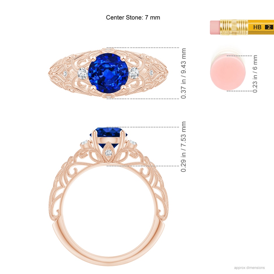 7mm Lab-Grown Aeon Vintage Style Solitaire Sapphire Filigree Engagement Ring in Rose Gold ruler