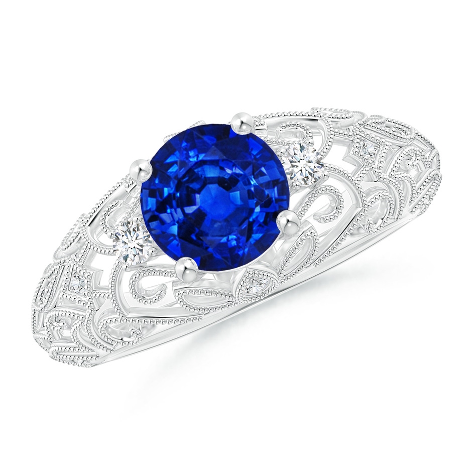 7mm AAAA Aeon Vintage Style Solitaire Sapphire Filigree Engagement Ring in White Gold 