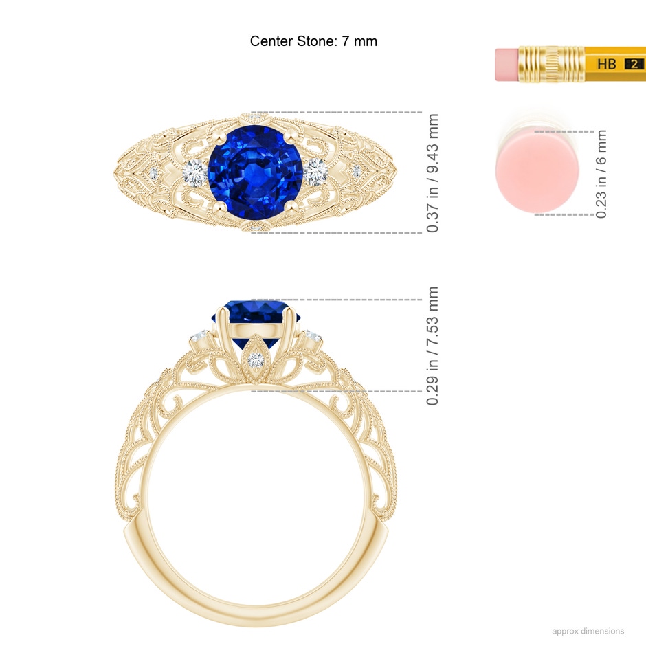 7mm Lab-Grown Aeon Vintage Style Solitaire Sapphire Filigree Engagement Ring in Yellow Gold ruler