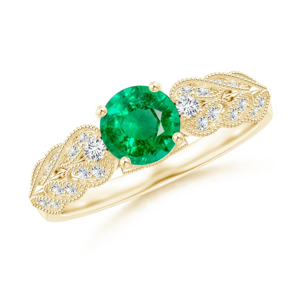 6mm AAA Aeon Vintage Style Emerald Solitaire Engagement Ring with Milgrain in 18K Yellow Gold