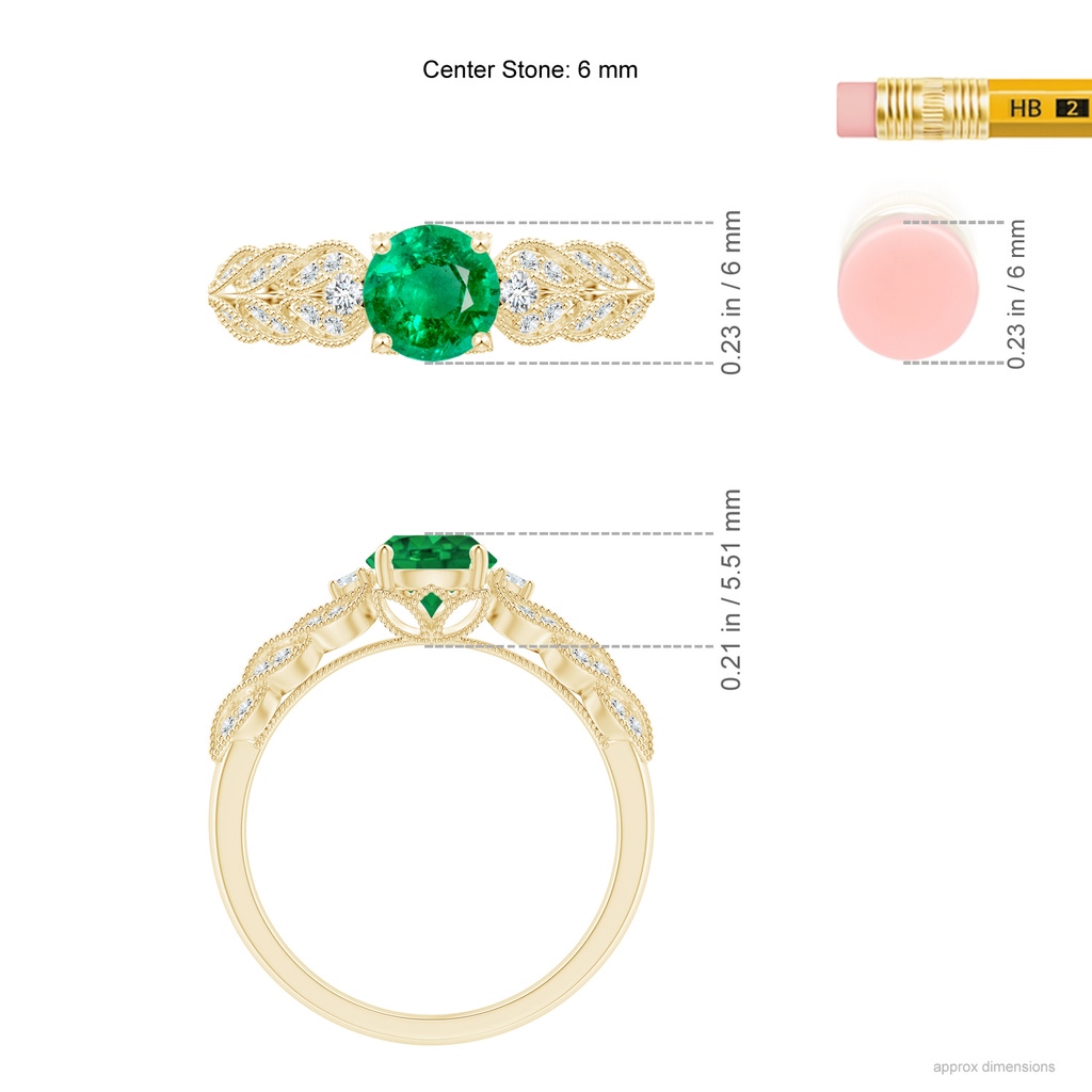 6mm AAA Aeon Vintage Style Emerald Solitaire Engagement Ring with Milgrain in 18K Yellow Gold Ruler