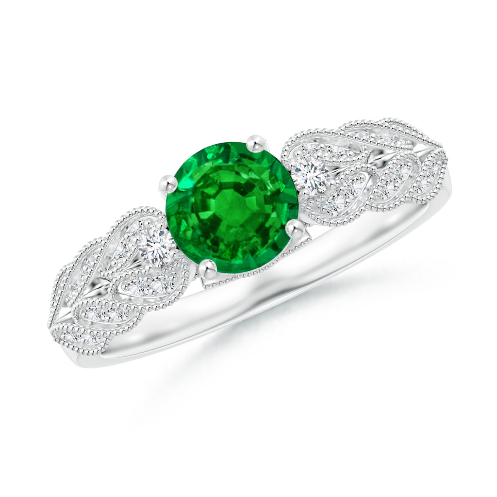 6mm AAAA Aeon Vintage Style Emerald Solitaire Engagement Ring with Milgrain in White Gold