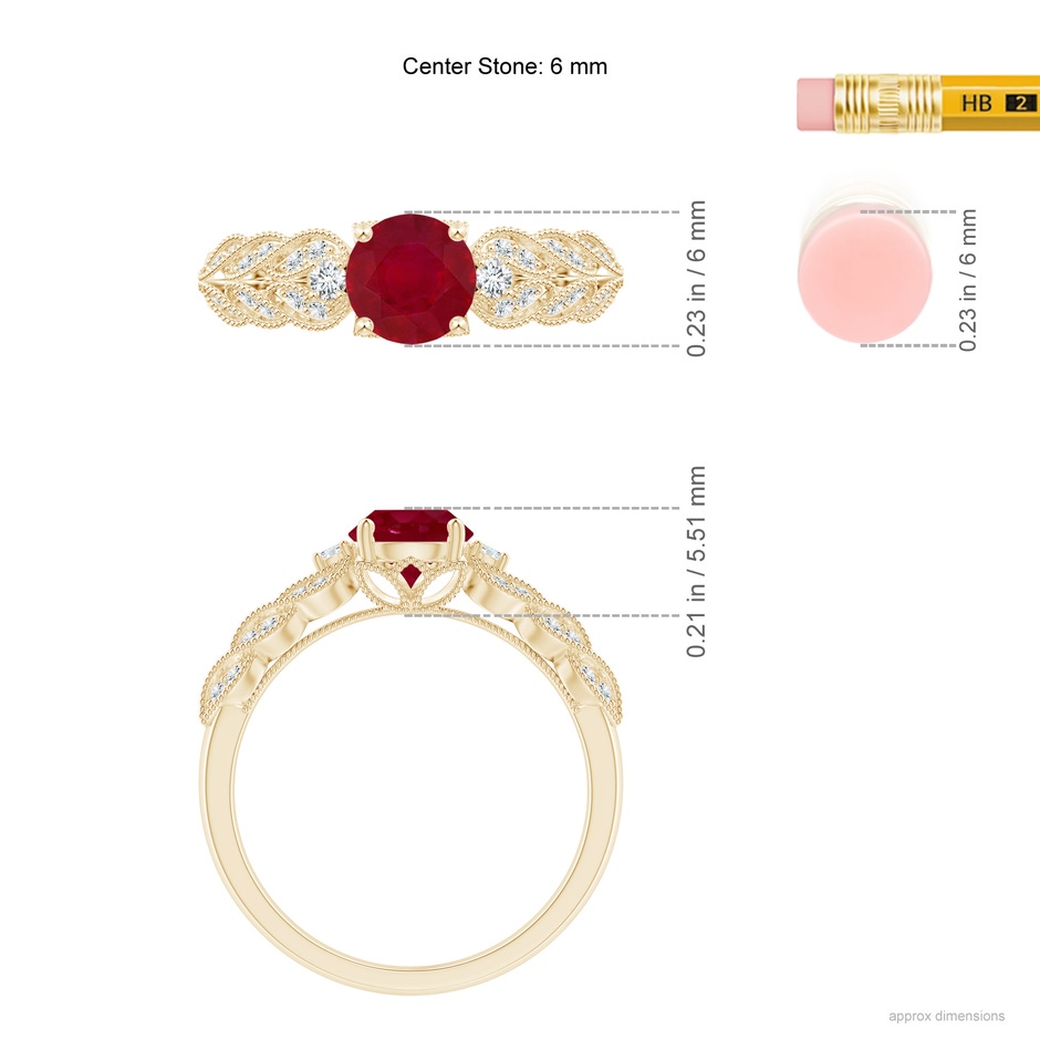 6mm AA Aeon Vintage Style Ruby Solitaire Engagement Ring with Milgrain in Yellow Gold ruler