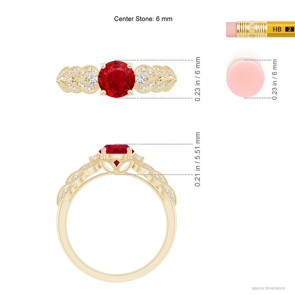 6mm AAA Aeon Vintage Style Ruby Solitaire Engagement Ring with Milgrain in 18K Yellow Gold ruler