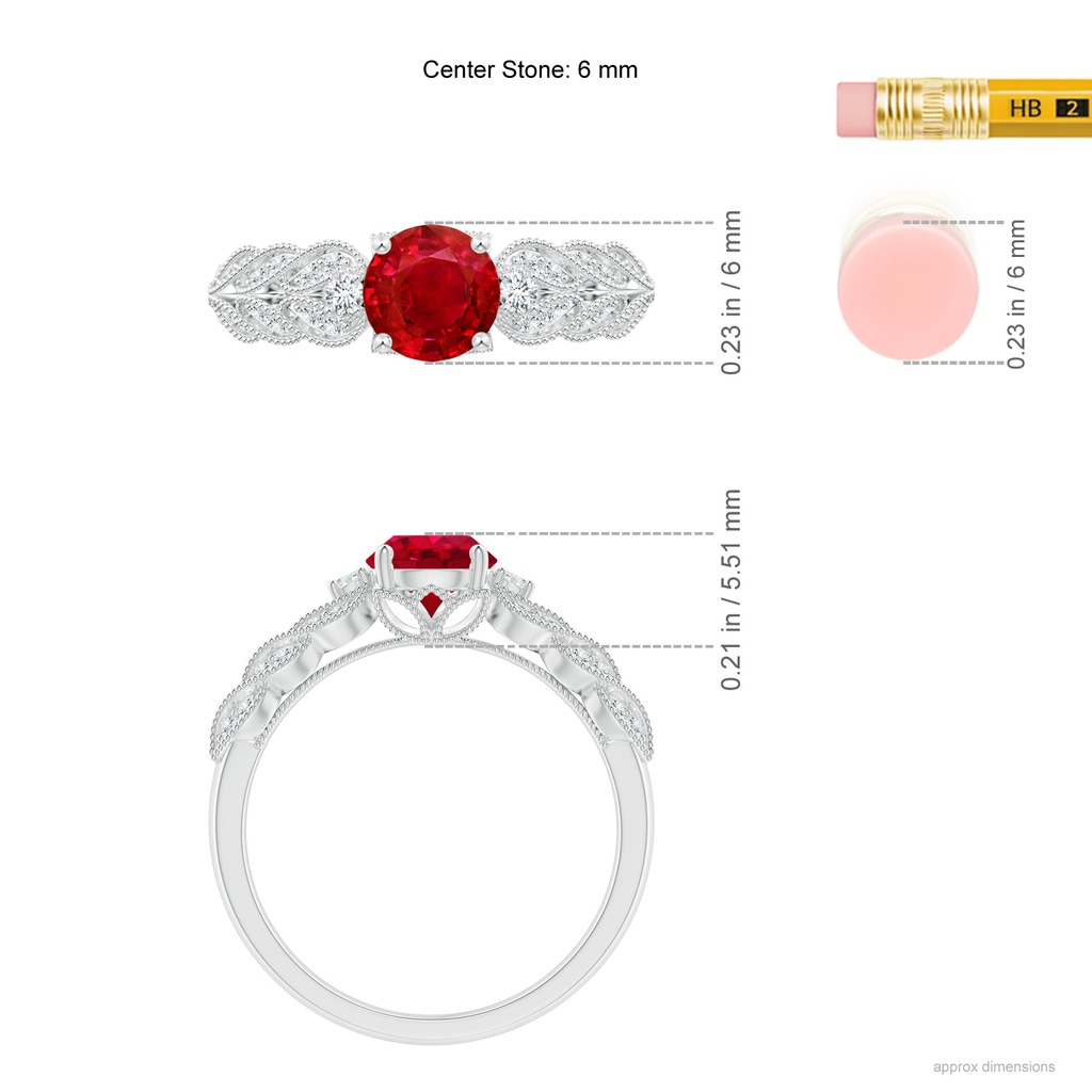 6mm AAA Aeon Vintage Style Ruby Solitaire Engagement Ring with Milgrain in White Gold Ruler
