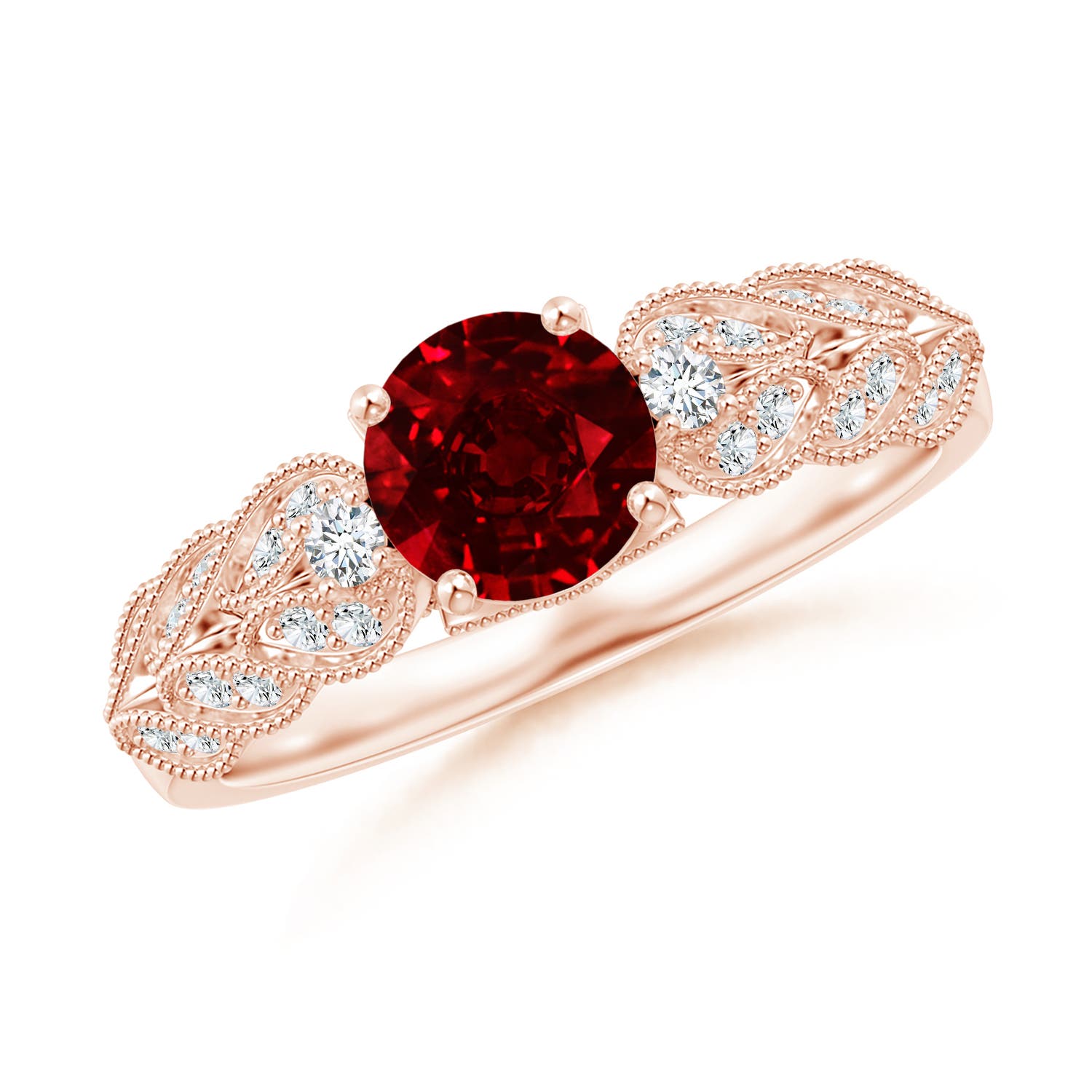 6mm AAAA Aeon Vintage Style Ruby Solitaire Engagement Ring with Milgrain in 18K Rose Gold