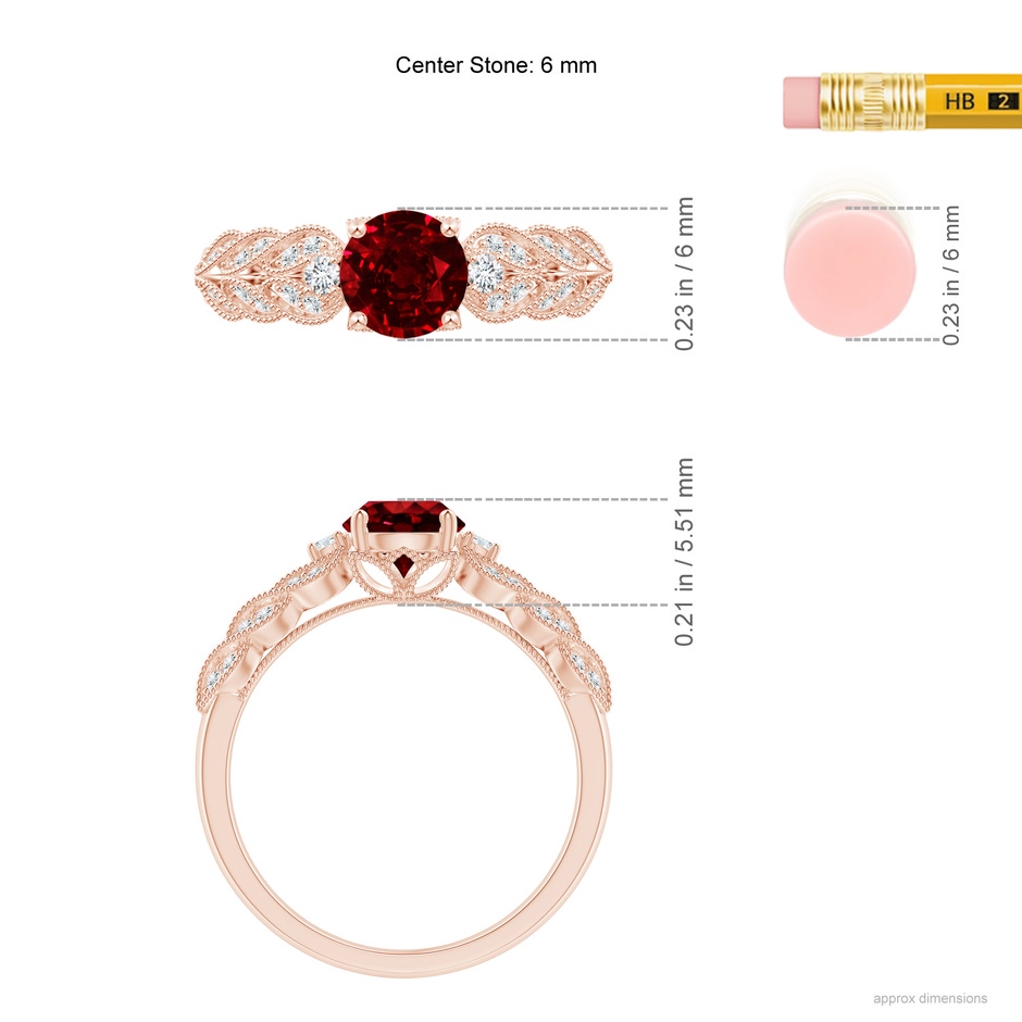 6mm AAAA Aeon Vintage Style Ruby Solitaire Engagement Ring with Milgrain in 18K Rose Gold ruler