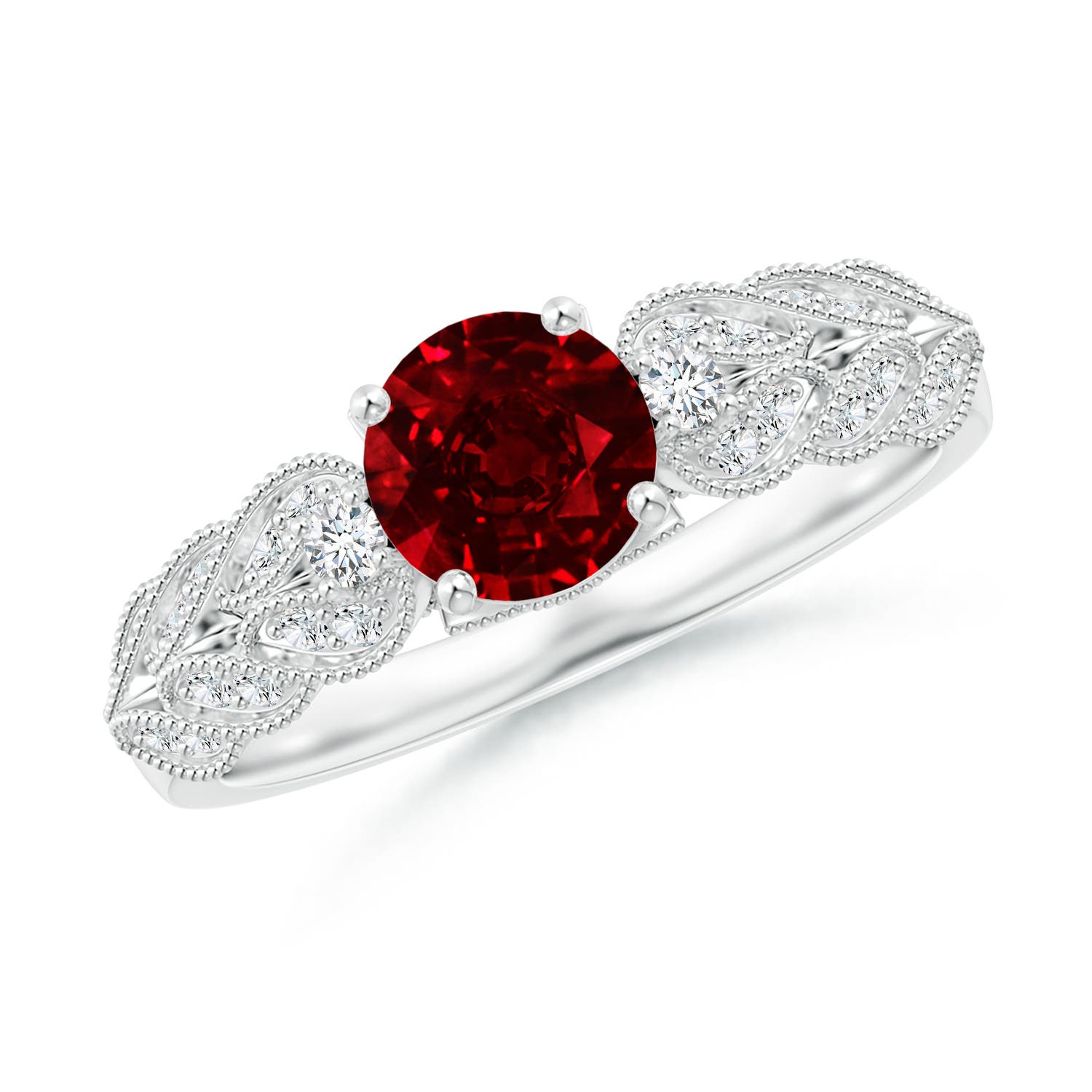 6mm AAAA Aeon Vintage Style Ruby Solitaire Engagement Ring with Milgrain in 18K White Gold