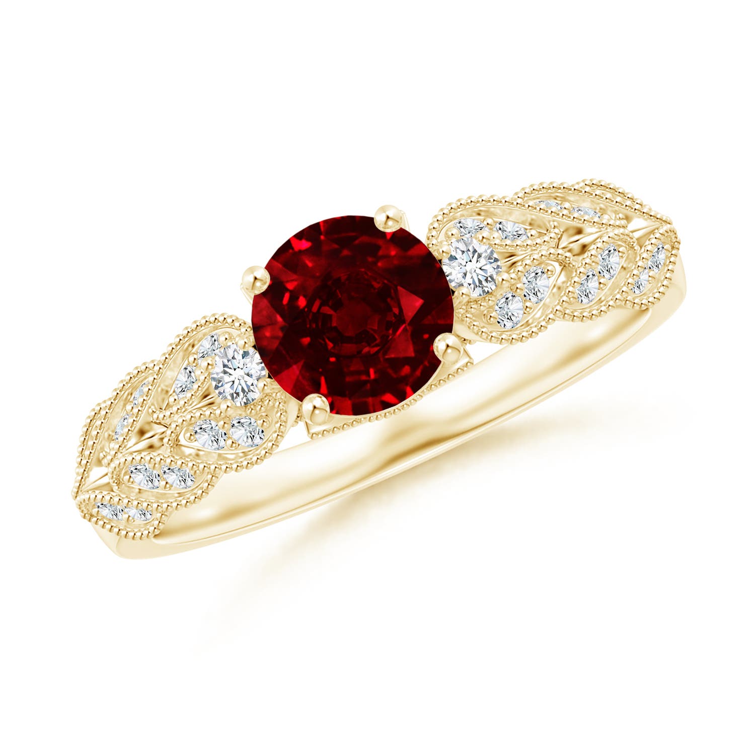 6mm AAAA Aeon Vintage Style Ruby Solitaire Engagement Ring with Milgrain in 18K Yellow Gold