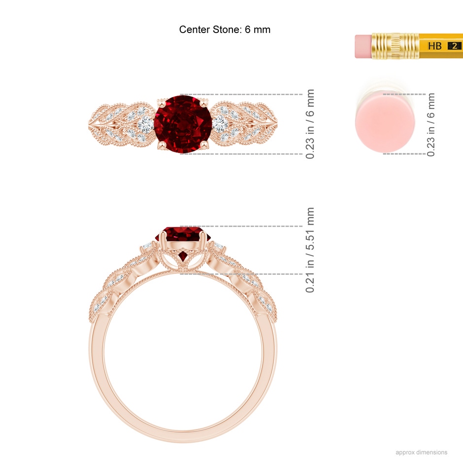 6mm AAAA Aeon Vintage Style Ruby Solitaire Engagement Ring with Milgrain in Rose Gold ruler