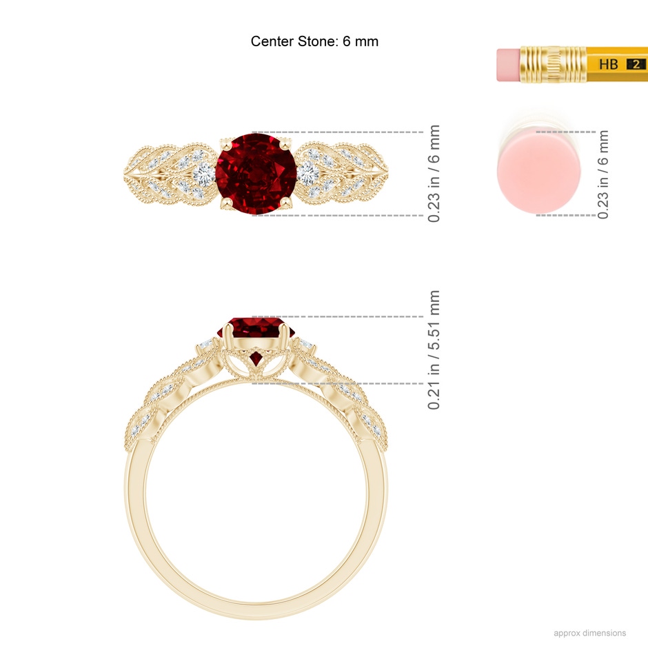 6mm Lab-Grown Aeon Vintage Style Ruby Solitaire Engagement Ring with Milgrain in Yellow Gold ruler