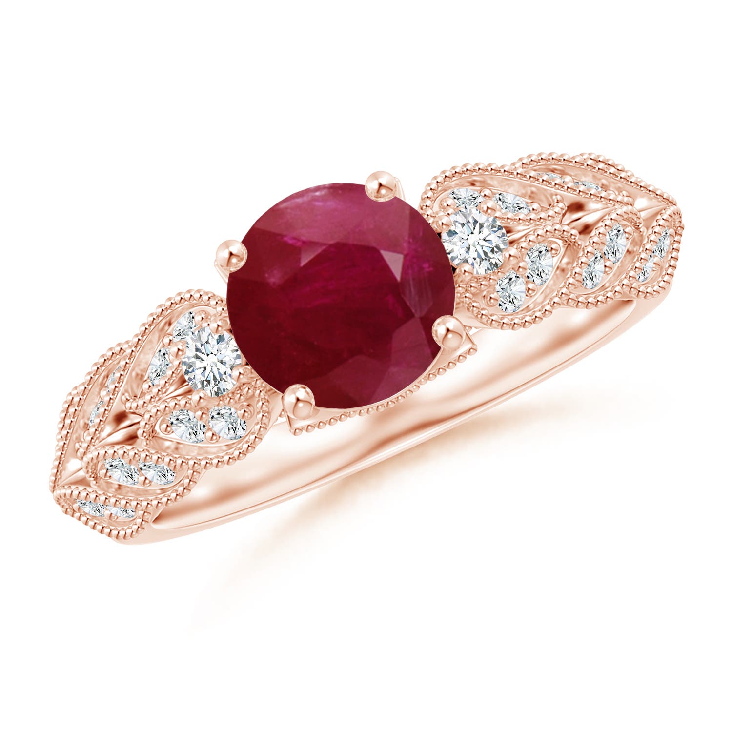 7mm A Aeon Vintage Style Ruby Solitaire Engagement Ring with Milgrain in 18K Rose Gold