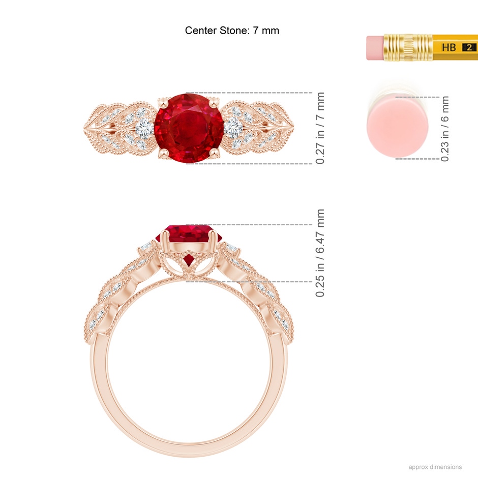 7mm AAA Aeon Vintage Style Ruby Solitaire Engagement Ring with Milgrain in Rose Gold ruler