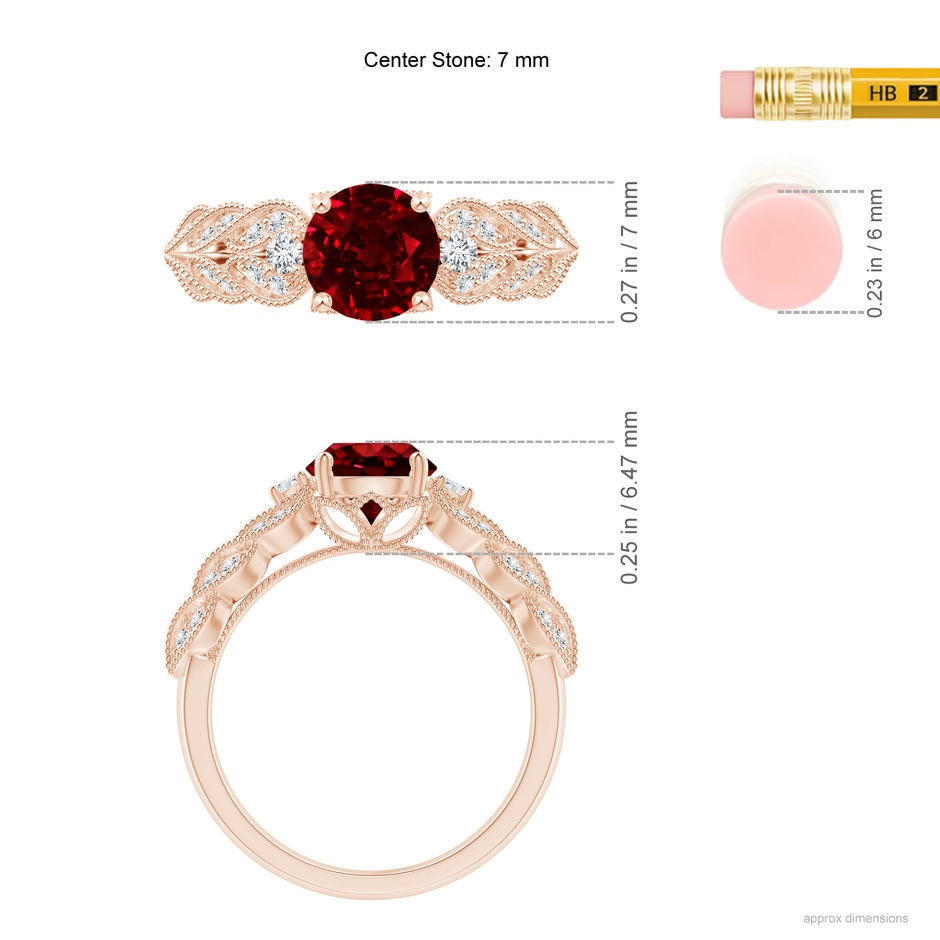 7mm Lab-Grown Aeon Vintage Style Ruby Solitaire Engagement Ring with Milgrain in Rose Gold ruler