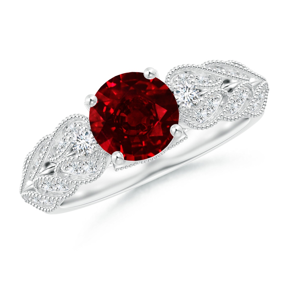 7mm Lab-Grown Aeon Vintage Style Ruby Solitaire Engagement Ring with Milgrain in White Gold 