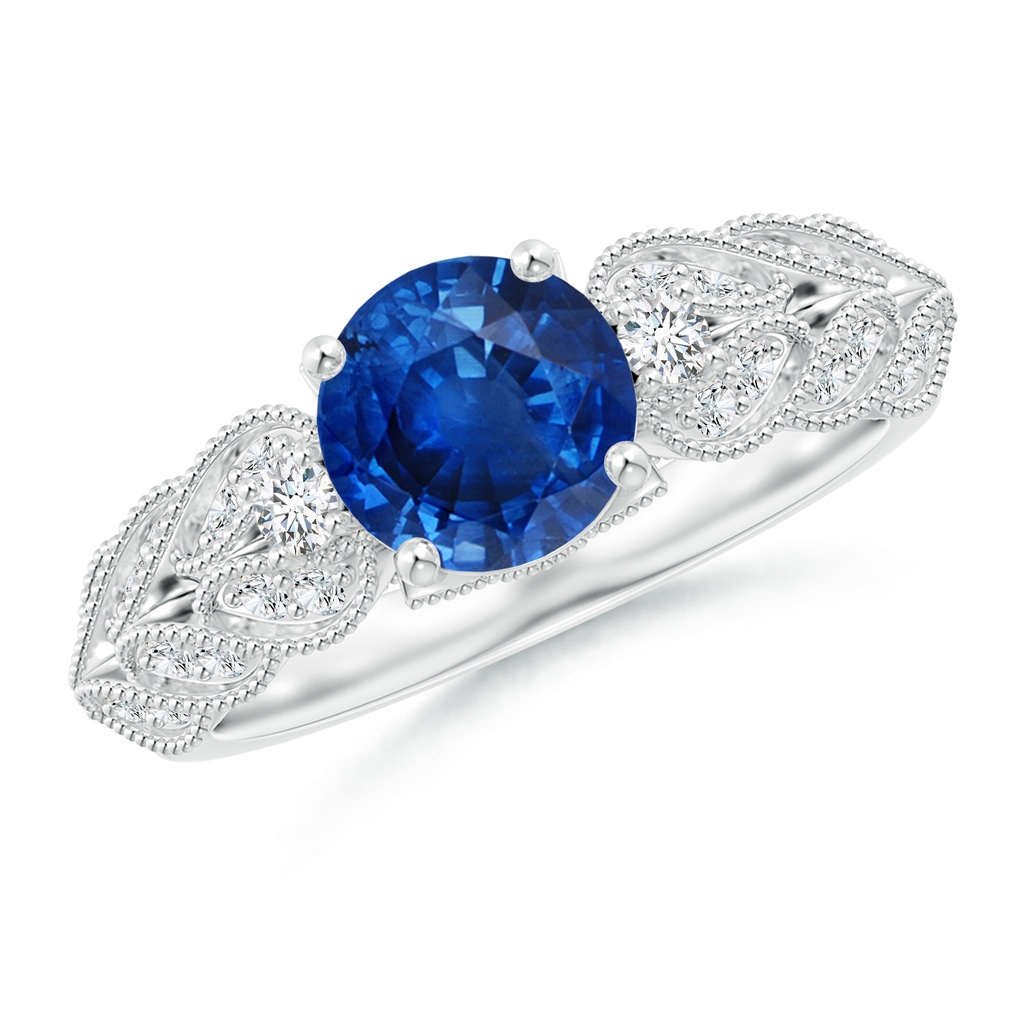 7mm AAA Aeon Vintage Style Sapphire Solitaire Engagement Ring with Milgrain in White Gold