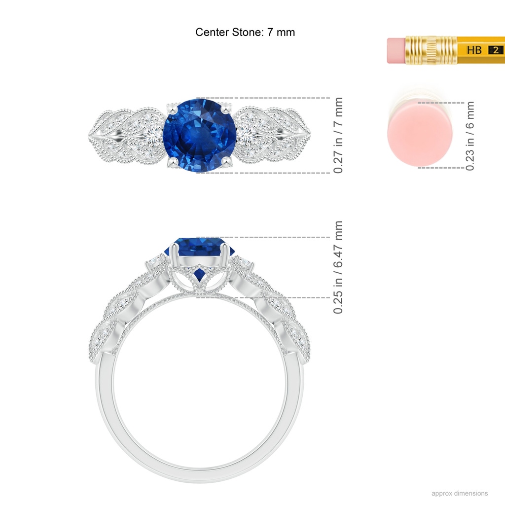 7mm AAA Aeon Vintage Style Sapphire Solitaire Engagement Ring with Milgrain in White Gold Ruler