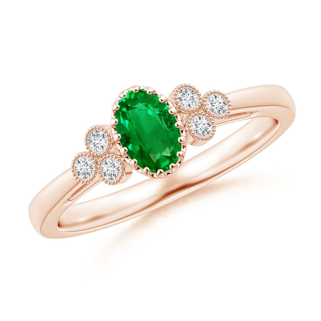 6x4mm AAAA Aeon Oval Emerald Solitaire Milgrain Engagement Ring with Trio Accents in Rose Gold