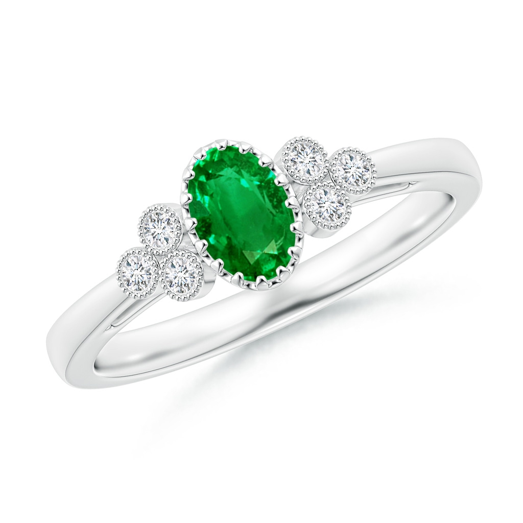 6x4mm AAAA Aeon Oval Emerald Solitaire Milgrain Engagement Ring with Trio Accents in White Gold