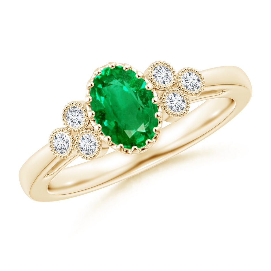 7x5mm AAA Aeon Oval Emerald Solitaire Milgrain Engagement Ring with Trio Accents in Yellow Gold 