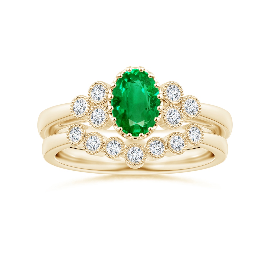 7x5mm AAA Aeon Oval Emerald Solitaire Milgrain Engagement Ring with Trio Accents in Yellow Gold Side-3