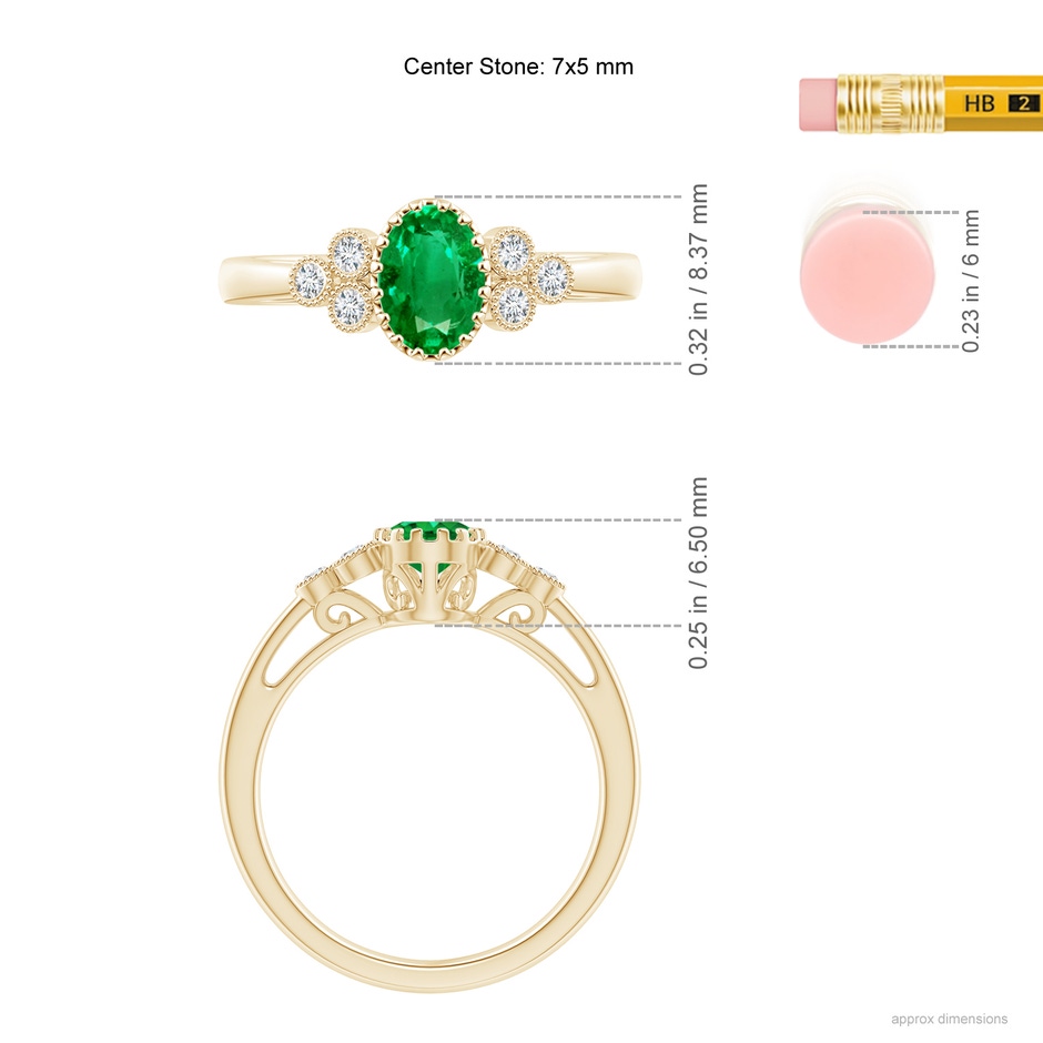 7x5mm AAA Aeon Oval Emerald Solitaire Milgrain Engagement Ring with Trio Accents in Yellow Gold ruler