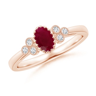 6x4mm A Aeon Vintage Style Oval Ruby Solitaire Milgrain Engagement Ring with Trio Accents in 9K Rose Gold