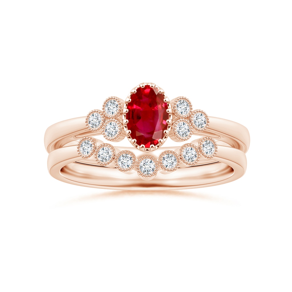 6x4mm AAA Aeon Vintage Style Oval Ruby Solitaire Milgrain Engagement Ring with Trio Accents in Rose Gold Side-3