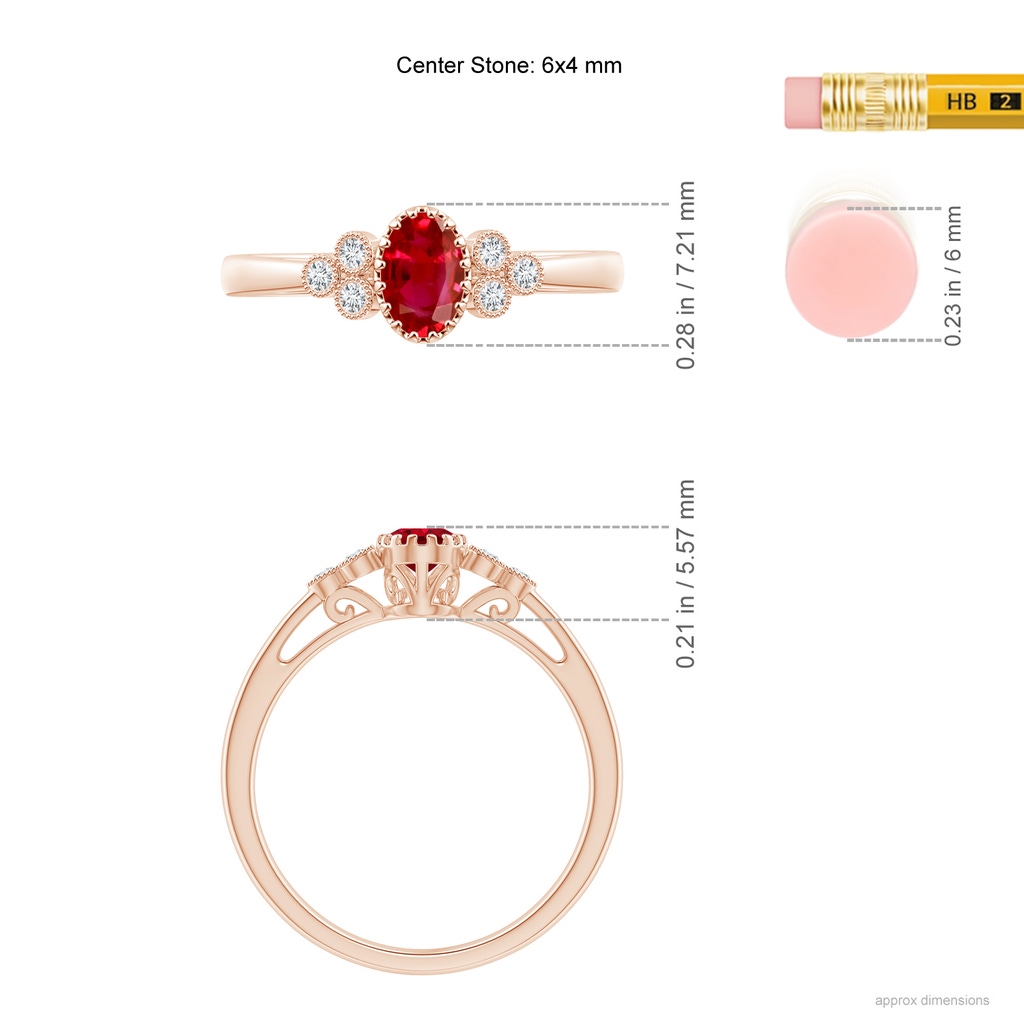 6x4mm AAA Aeon Vintage Style Oval Ruby Solitaire Milgrain Engagement Ring with Trio Accents in Rose Gold Ruler
