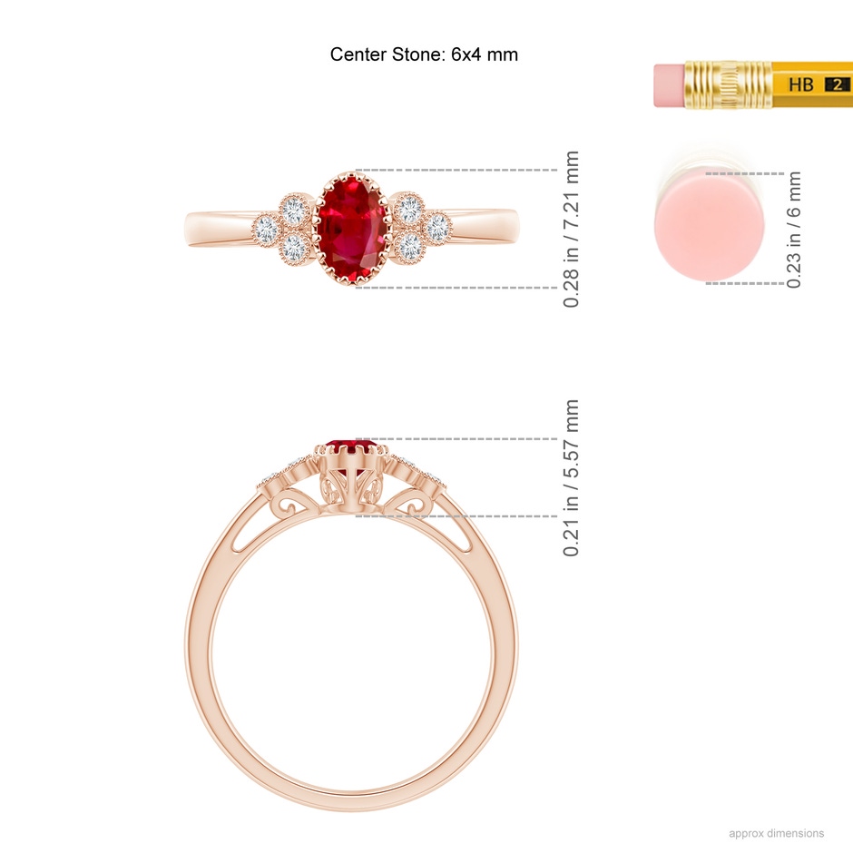 6x4mm AAA Aeon Vintage Style Oval Ruby Solitaire Milgrain Engagement Ring with Trio Accents in Rose Gold ruler