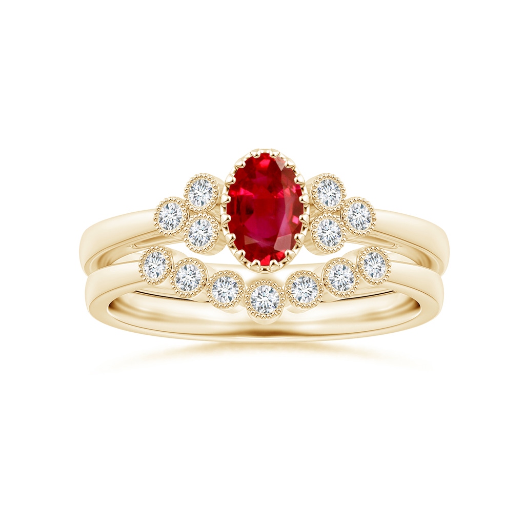 6x4mm AAA Aeon Vintage Style Oval Ruby Solitaire Milgrain Engagement Ring with Trio Accents in Yellow Gold Side-3