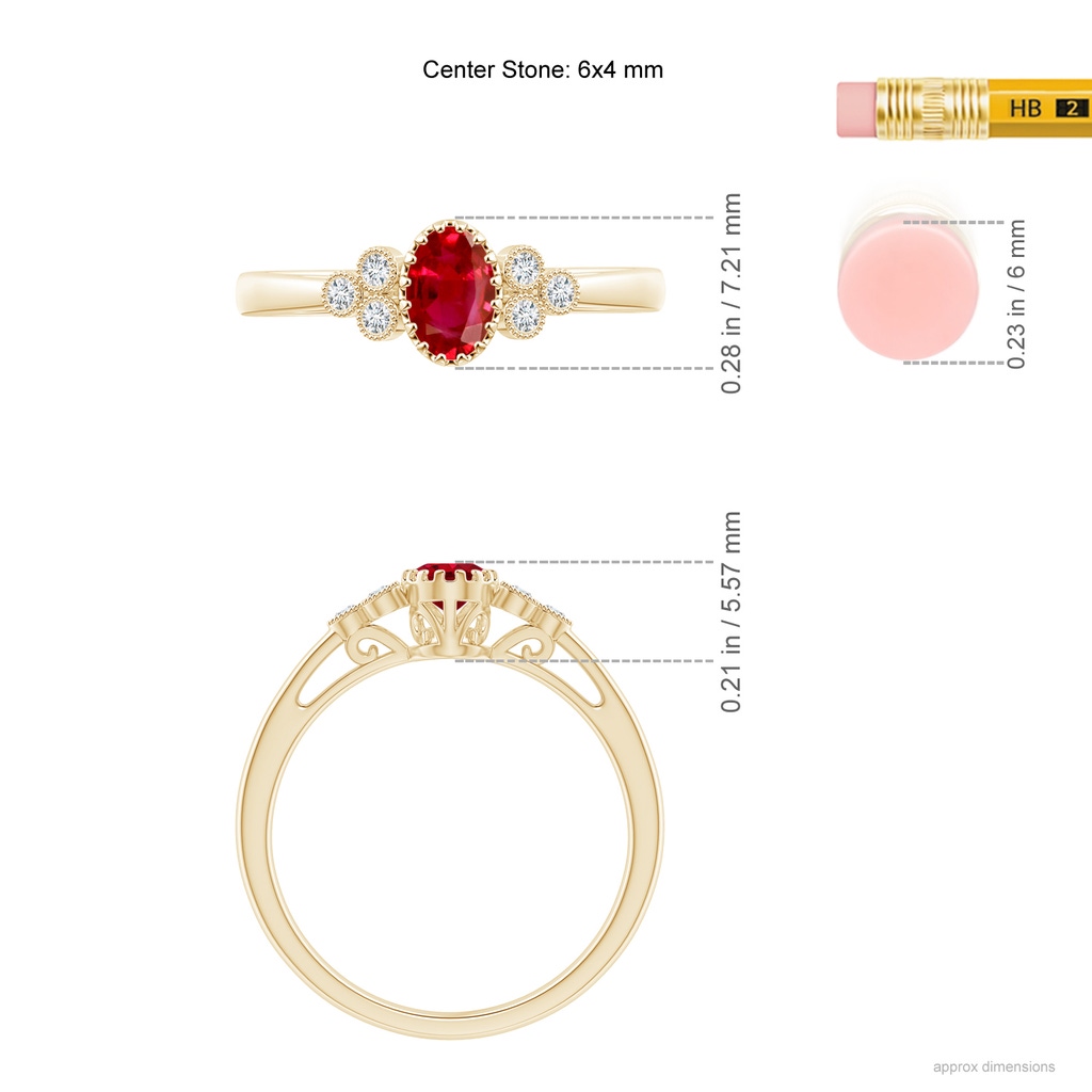 6x4mm AAA Aeon Vintage Style Oval Ruby Solitaire Milgrain Engagement Ring with Trio Accents in Yellow Gold Ruler