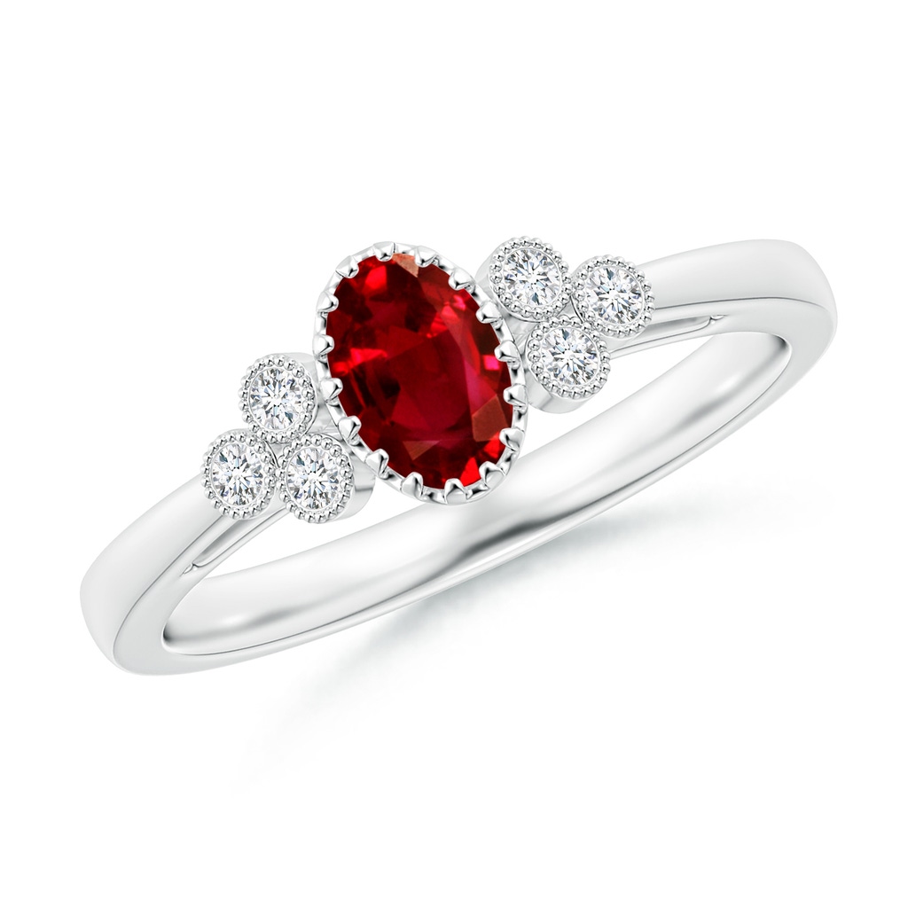 6x4mm AAAA Aeon Vintage Style Oval Ruby Solitaire Milgrain Engagement Ring with Trio Accents in White Gold