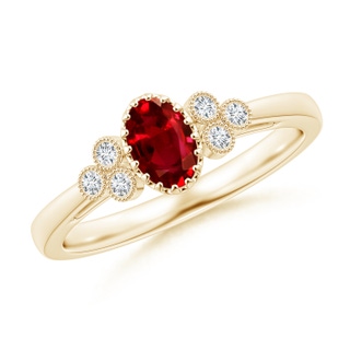 6x4mm AAAA Aeon Vintage Style Oval Ruby Solitaire Milgrain Engagement Ring with Trio Accents in Yellow Gold