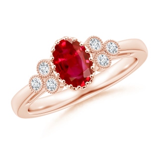 7x5mm AAA Aeon Vintage Style Oval Ruby Solitaire Milgrain Engagement Ring with Trio Accents in 18K Rose Gold