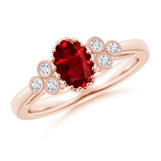 7x5mm AAAA Aeon Vintage Style Oval Ruby Solitaire Milgrain Engagement Ring with Trio Accents in 18K Rose Gold