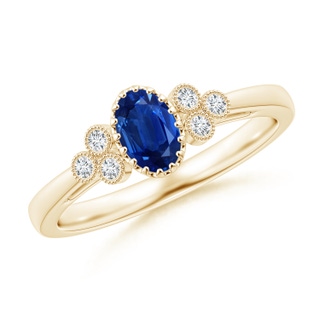 6x4mm AAA Aeon Oval Sapphire Solitaire Milgrain Engagement Ring with Trio Accents in Yellow Gold