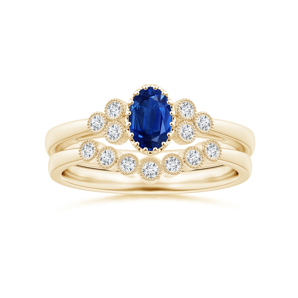 6x4mm AAA Aeon Oval Sapphire Solitaire Milgrain Engagement Ring with Trio Accents in Yellow Gold Side-3