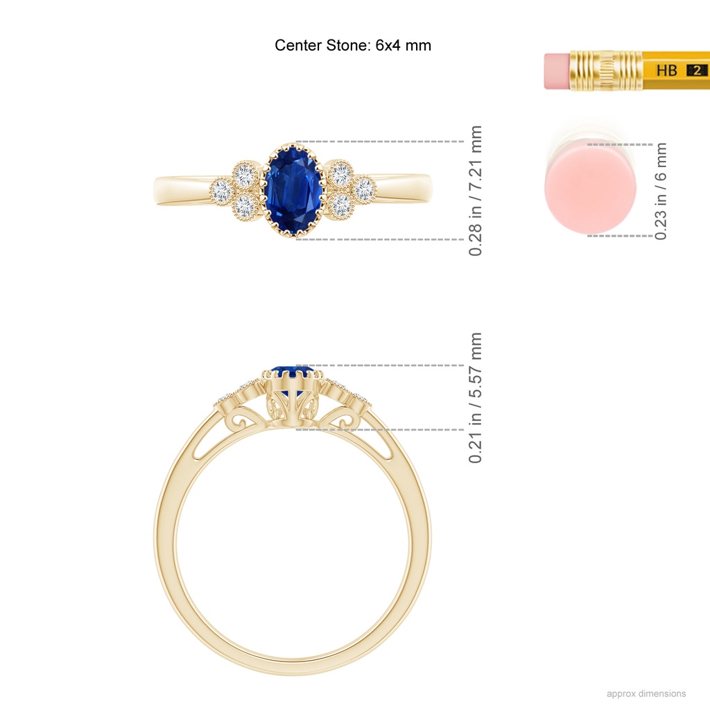 6x4mm AAA Aeon Oval Sapphire Solitaire Milgrain Engagement Ring with Trio Accents in Yellow Gold Ruler