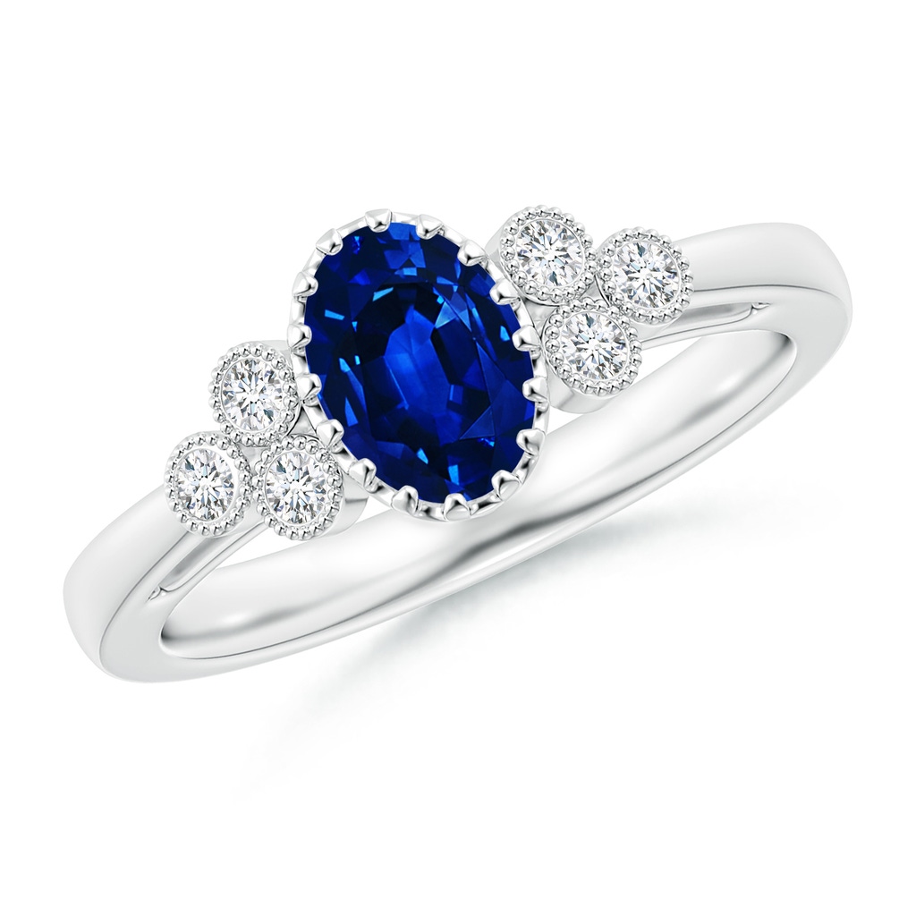 7x5mm AAAA Aeon Oval Sapphire Solitaire Milgrain Engagement Ring with Trio Accents in 18K White Gold