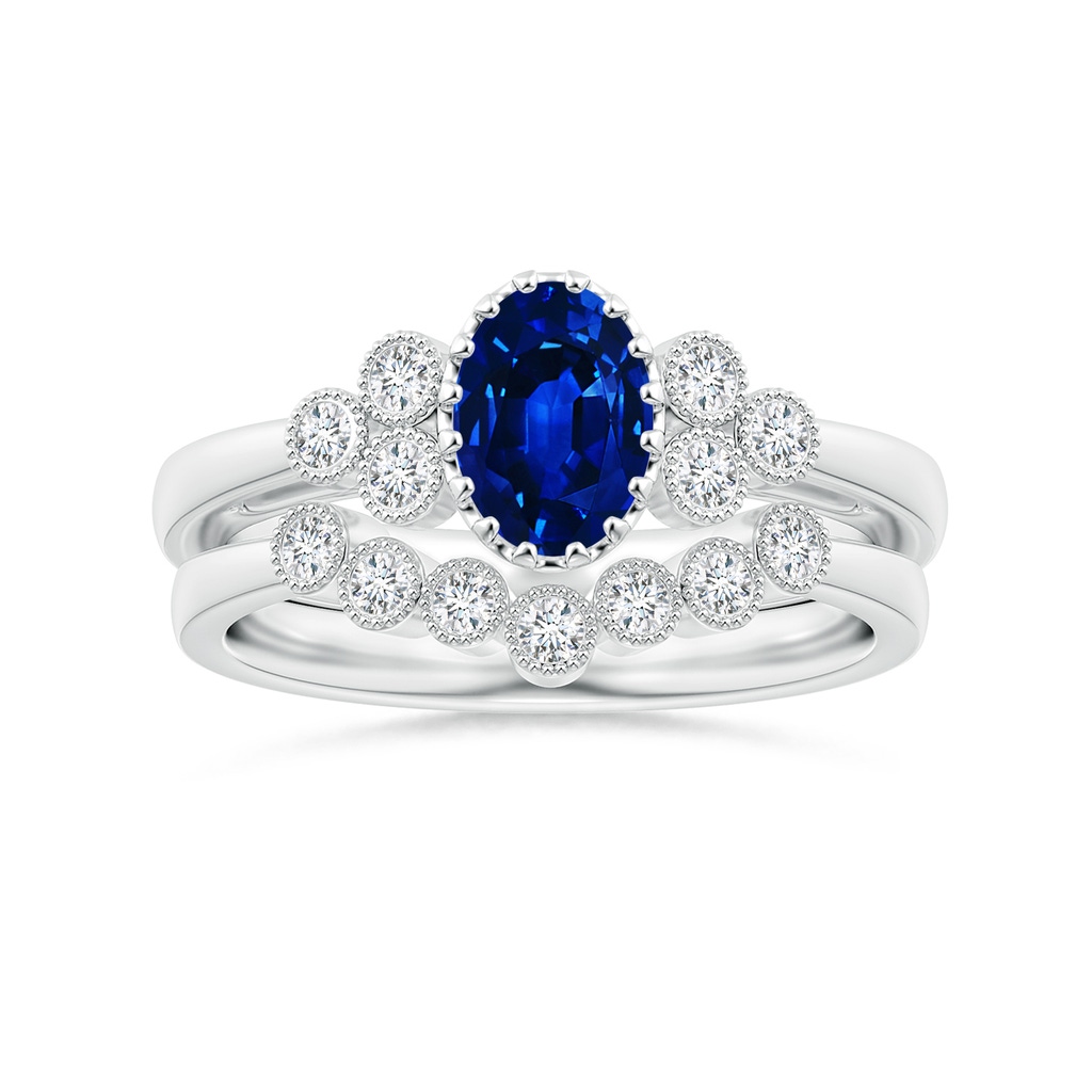7x5mm AAAA Aeon Oval Sapphire Solitaire Milgrain Engagement Ring with Trio Accents in 18K White Gold Side-3