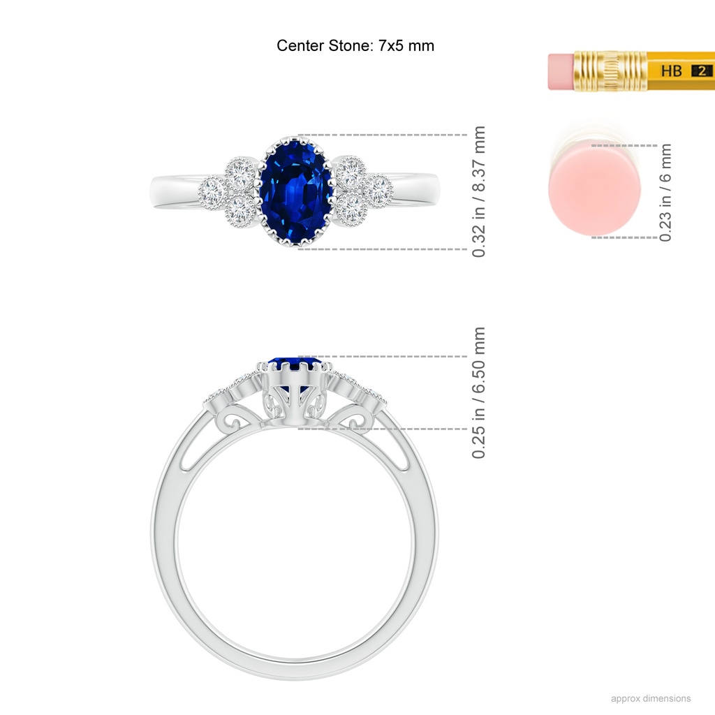 7x5mm AAAA Aeon Oval Sapphire Solitaire Milgrain Engagement Ring with Trio Accents in 18K White Gold Ruler
