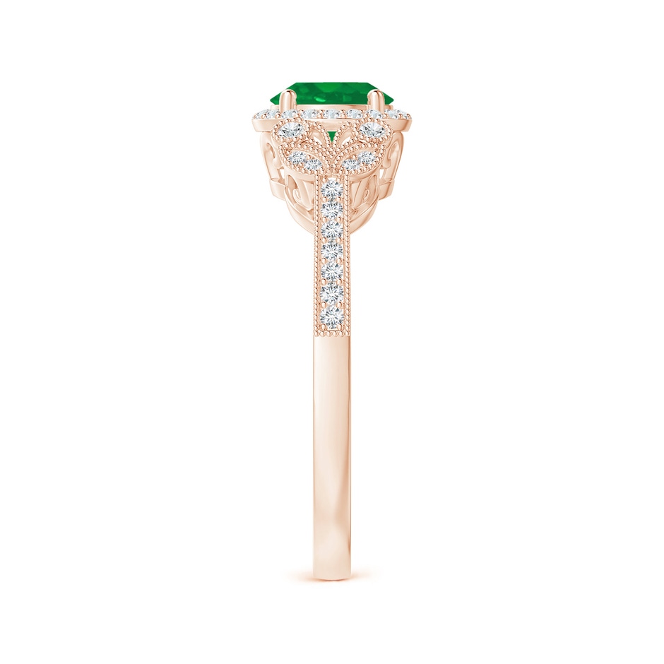 6mm AA Aeon Vintage Style Emerald Halo Leaf & Vine Engagement Ring with Milgrain in Rose Gold side-2