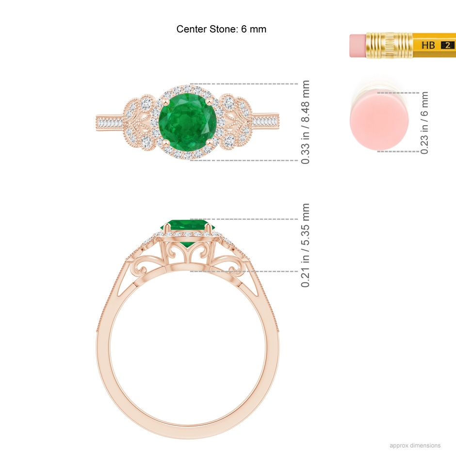 6mm AA Aeon Vintage Style Emerald Halo Leaf & Vine Engagement Ring with Milgrain in Rose Gold ruler